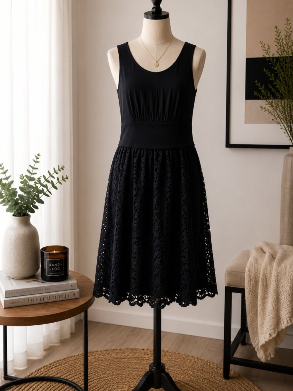 Vintage Inspired ModCloth Black Eyelet Lace Fit & Flare Dress | Medium